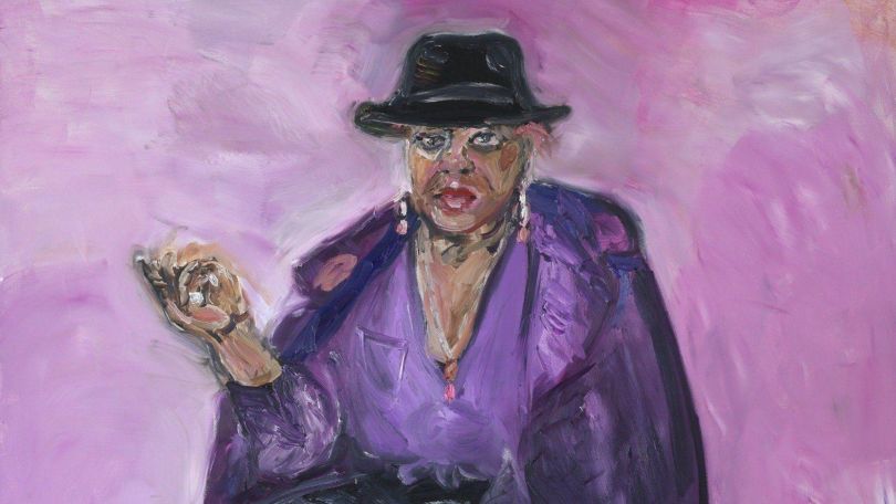 copyright: Franz Ebner Ölbild von einer sitzenden Frau mit violettem Sakko umgehängt und einem Hut auf