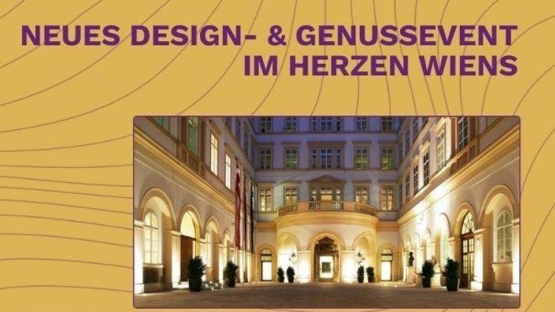 copyright: DESIGNQUARTIERE / Palais Niederösterreich Veranstaltungsankündigung "City Designquartier" mit einem Foto vom Innenhof des Palais Niederösterreich, violette Schrift auf gelbem Hintergrund