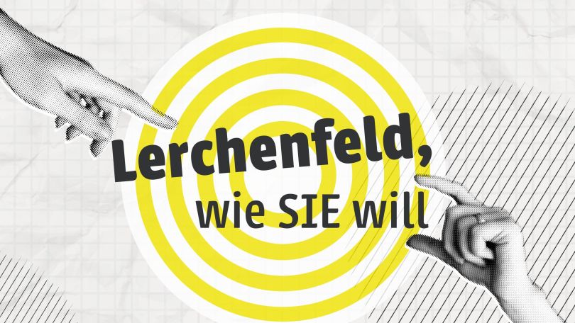 copyright: Accogliente Design/Shutterstock.com 2 Frauenhände zeigen auf "Lerchenfeld, wie sie will"