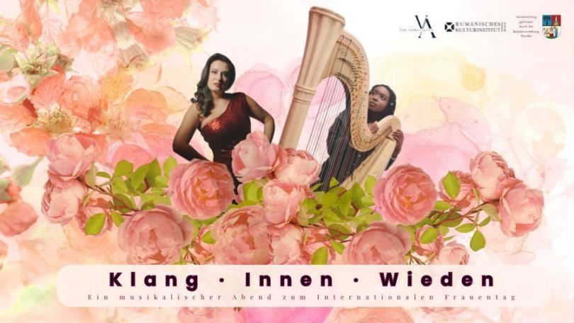 copyright: Vox Anima Vienna 2 Musikerinnen mit einer Harfe zwischen gezeichneten Rosen
