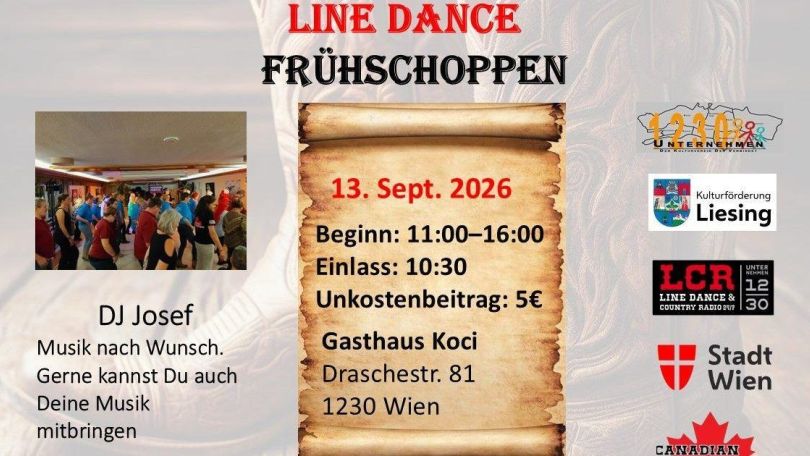 copyright: Unternehmen1230 Flyer zur Veranstaltung Line Dance Frühschoppen mit einem Foto, wo Personen Line Dance tanzen