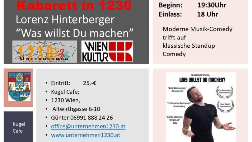 copyright: Unternehmen1230 Flyer der Veranstaltung Kabarett in 1230 mit einem Foto von Kabarettist Lorenz Hinterberger