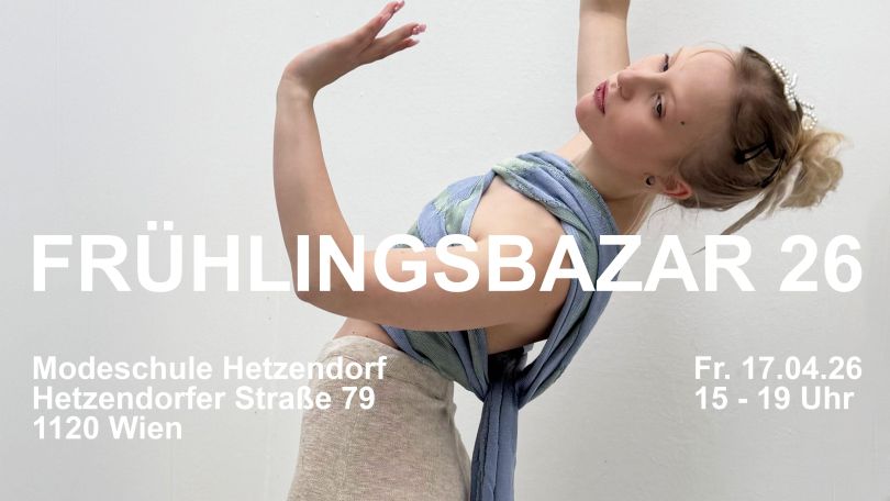 copyright: Modeschule Hetzendorf Veranstaltungssujet zeigt Frau mit blondem Dutt, die ihren Oberkörper nach hinten bäugt und die Arme nach oben streckt