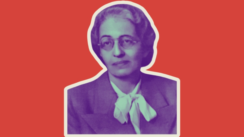 Bild von einer Frau mit Brille und Bluse auf rotem Hintergrund