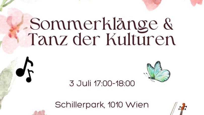 copyright: Wiener Chinesischer Kulturverein Einladungsflyer mit Blumen, Schmetterlingen und Musiknoten auf weißem Hintergrund