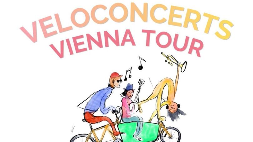 copyright: VeloConcerts Zeichnung von drei Menschen, die gemeinsam auf einem Fahrrad sitzen und musizieren