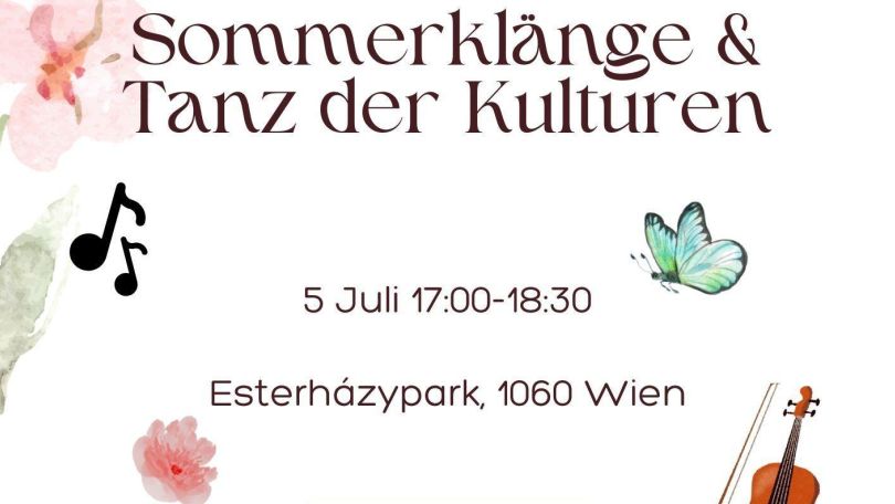 copyright: Wiener Chinesischer Kulturverein Einladungsflyer mit weißem Hintergrund und Blumen, Musiknoten, Schmetterlingen und einer Geige