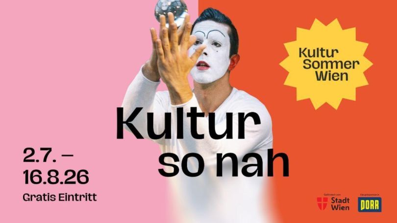 Poster mit rosa und orangenem Hintergrund und einer Person in weißem Oberteil und weißem Gesichtsmakeup