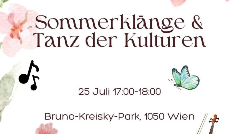 copyright: Wiener Chinesischer Kulturverein Einladungsflyer mit weißem Hintergrund und Blumen, Musiknoten, Schmetterlingen und einer Geige