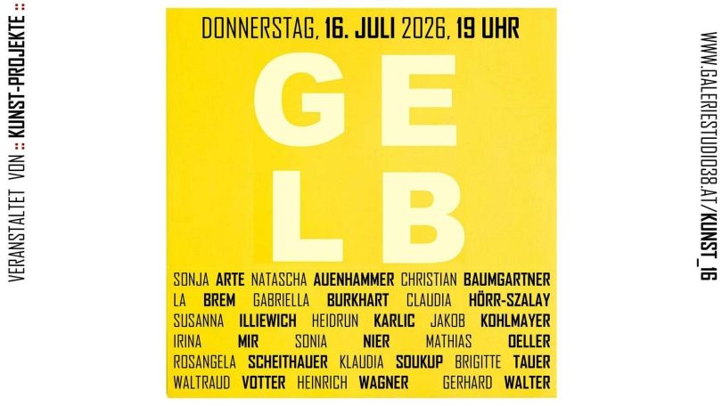 copyright: kunst-projekte Gelbes Quadrat auf weißem Hintergrund. Im Quadrat die Namen der ausstellenden Künstler*ìnnen und in großem Schriftzug "Gelb".