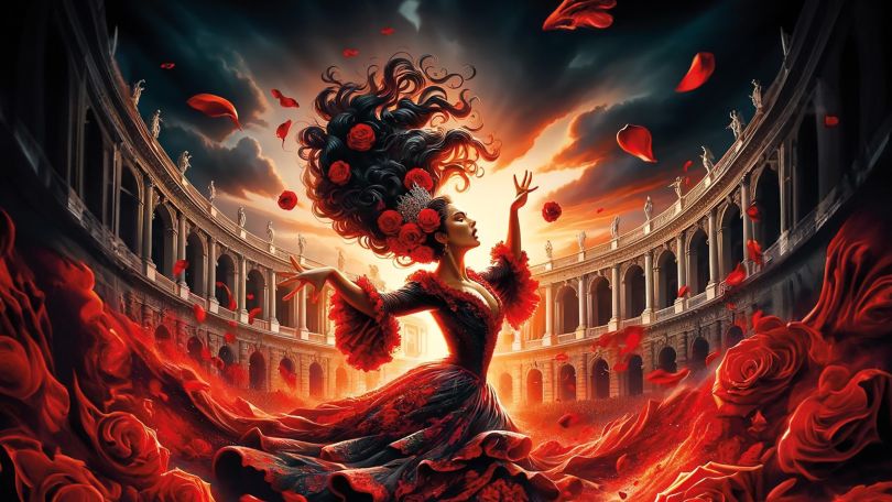 copyright: Wiener Opernsommer Digital gezeichnete Frau mit rotem Kleid mit weitem Rock steht seitlich und hat die Hände ausgebreitet. Ihre Haare sind schwarz und mit Rosen verziert und schwingen im Wind. Sie steht innerhalb eines Kollosseums, der Himmel ist dunkel und gewittrig, am Boden ein Meer aus Rosen.