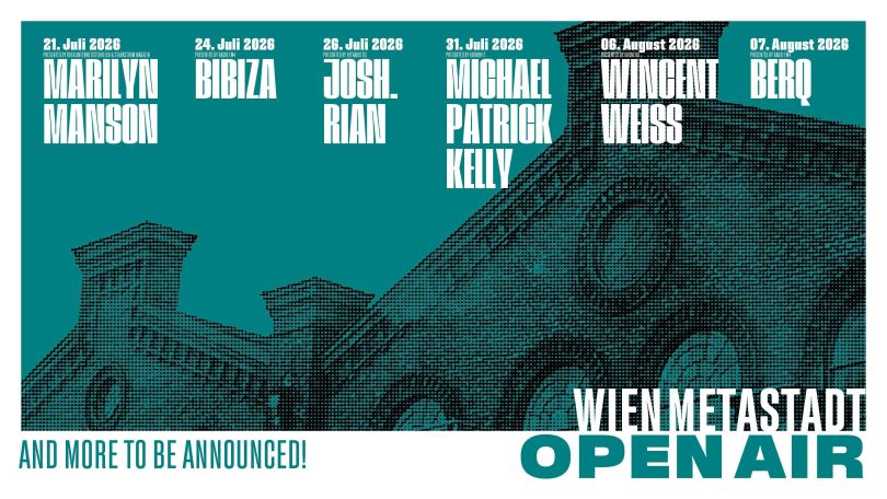 copyright: Wien Metastadt Open Air Türkiser Hintergrund mit schwarzem Umriss eines Gebäudedaches mit runden Fenstern. Weiße Schrift mit Infos zum Line-up. Türkise Schrift "AND MORE TO BE ANNOUNCED!"