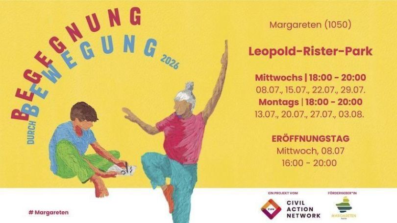 Informationsflyer. Gelber Hintergrund, Illustration von einem jungen Kind mit braunen Haaren, welches im Sitzen auf ein Blatt Papier schreibt. Daneben eine Person mit langen weißen Haaren zu einem Dutt zusammengebunden, die die Yoga Pose Baum macht.