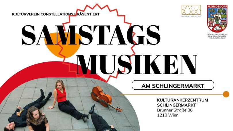 copyright: Kulturverein Constellations Informationsflyer mit einem Foto des Ensembles Tammurriata, darüber der Schriftzug "Samstagsmusiken Seite 3/4 am Schlingermarkt".