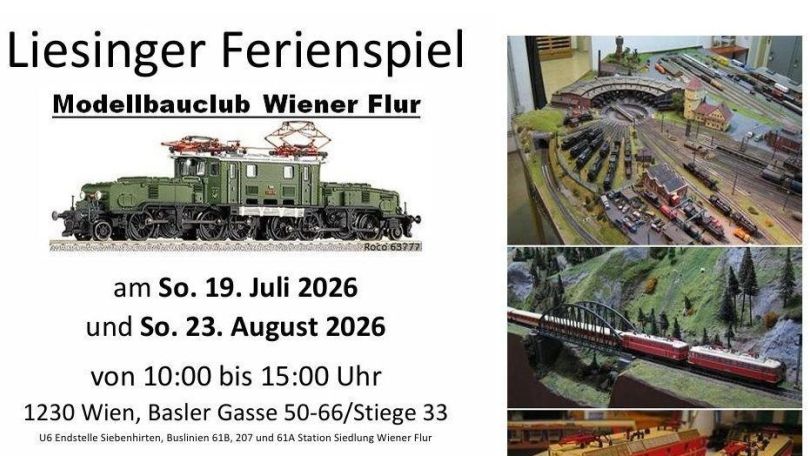 copyright: Modellbauclub Wiener Flur - MBCWF Modelleisenbahnen neben Informationstext zur Veranstaltung, in der Mitte des Textes eine Illustration einer Modelleisenbahn.