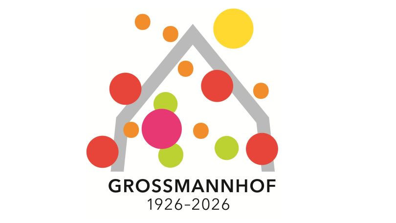 copyright: Andreas Winkler, Urheber Logo Grossmannhof 1926-2026, weißer Hintergrund, ein hellgrauer Bogen und davor bunte Kreise in rot, pink, orange und grün in verschiedenen Größen