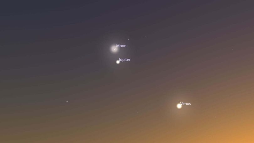 copyright: Kuffner Sternwarte Blau-gelber Nachthimmel. Zu sehen sind der Mond, Jupiter und Venus, welche mit ihren englischen Namen beschriftet sind, und ein paar Sterne.