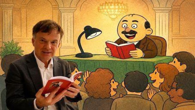 copyright: Wienpoesie Bernd Watzka, der Autor, sitzt mit Buch in der Hand, im Hintergrund die Kunstfigur Herlicek auch mit einem Buch in der Hand und illustriertem Publikum.