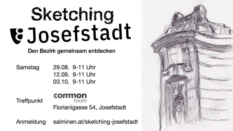 copyright: Mervi Salminen Flyer für die Veranstaltung "Sketching Josefstadt - den 8. Bezirk gemeinsam entdecken" mit Veranstaltungsterminen, Treffpunkt und Anmeldeadresse.