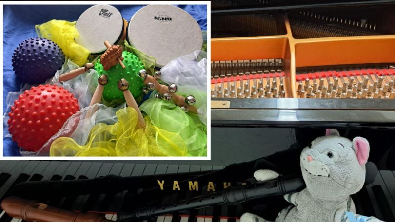 copyright: TonTanz Musikinstrumente aus dem Elementaren Instrumentarium sowie Klavier und zwei verschiedene Blockflöten. Außerdem Balanciermaterial und Tanztücher sowie ein Plüsch-Kater.