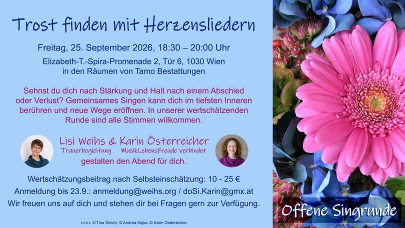 copyright: Karin Österreicher Ein Flyer mit einer rosa Blüte und dem Einladungstext