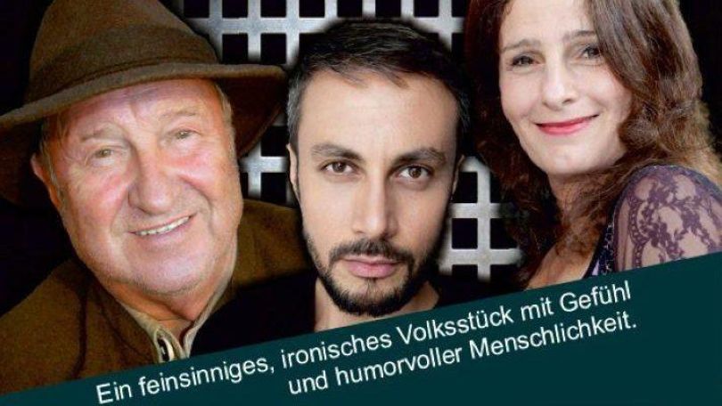Plakat für das Theaterstück "Besuchszeit" von Felix Mitterer. Zu sehen sind 3 Schauspieler*innen: eine ältere Person mit Hut links, ein Mann mit dunklem Haar in der Mitte und eine Frau mit langen braunen Haaren rechts. Unten steht: "Ein feinsinniges, ironisches Volksstück mit Gefühl und humorvoller Menschlichkeit."