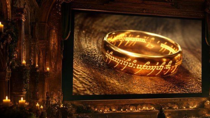 copyright: Warner Bros Dunkler, mit Kerzen beleuchteter, Raum. Leinwand mit Filmausschnitt von Herr der Ringe, Nahaufnahme eines Rings