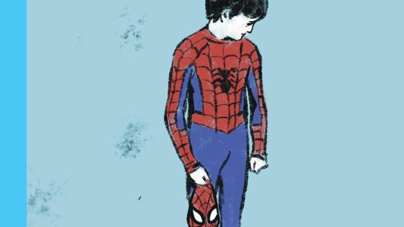 copyright: bahoe books Zeichnung eines kleinen Jungen in Spider-Man Kostüm, mit der Maske in der Hand und traurigem Blick nach unten
