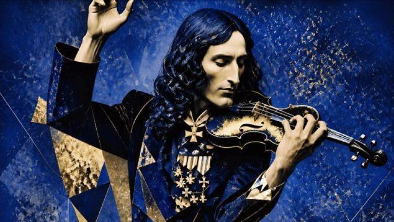 Künstler mit langen dunklen Haaren mit Violine im Arm. Das Bild ist blau gefärbt mit goldenen Akzenten und geometrischen Formen.