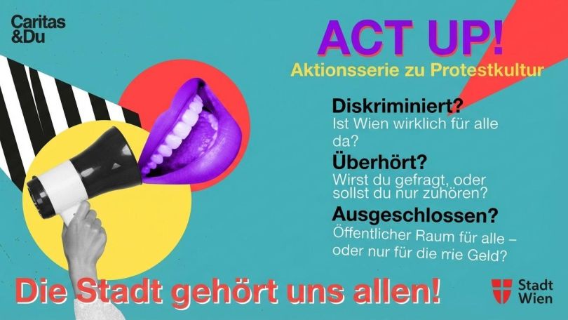 copyright: Caritas Wien Veranstaltungsplakat mit Informationen zur Veranstaltung, abgebildet auf türkisem Hintergrund, violetten Lippen, einem Megaphon und gelben und roten Akzenten