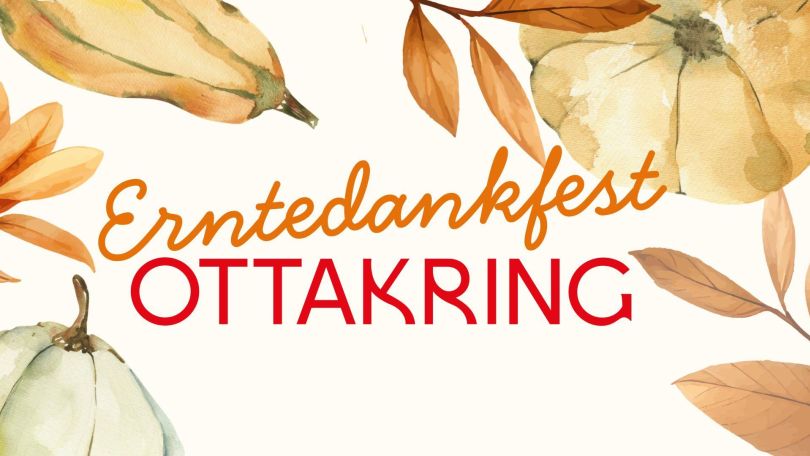 copyright: BV 16 Sujet mit Text "Erntedankfest Ottakring" auf gemalten Kürbissen und Blättern.