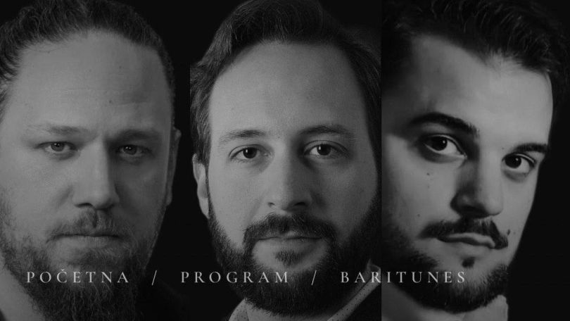 copyright: www.crovox.hr Schwarz-weißes Konzertplakat mit 3 nebeneinander angeordneten Porträts von 3 männlichen Baritonen.