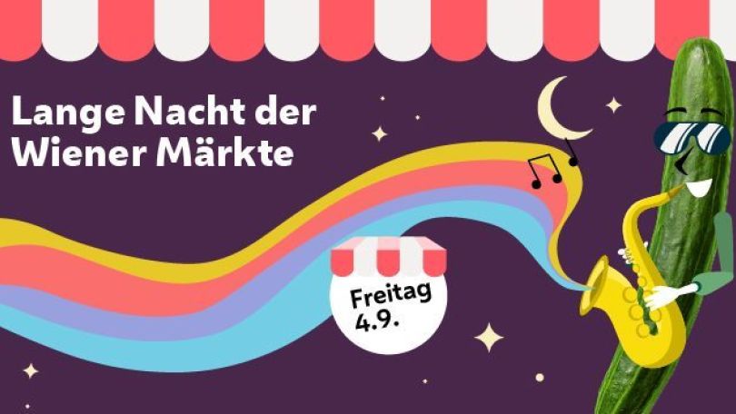 Eine comichafte Gurke spielt Saxofon vor violettem Hintergrund