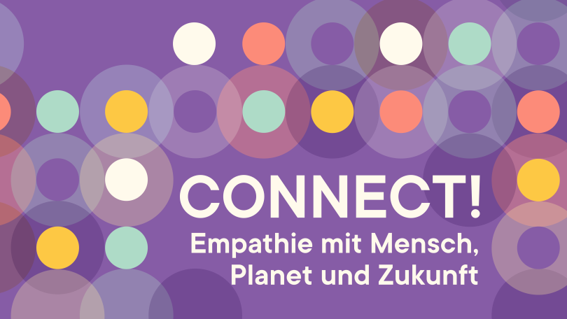 copyright: Forum Umweltbildung Titel "Connect! Empathie mit Mensch, Planet und Zukunft" vor lila Hintergrund mit bunten Kreisen.