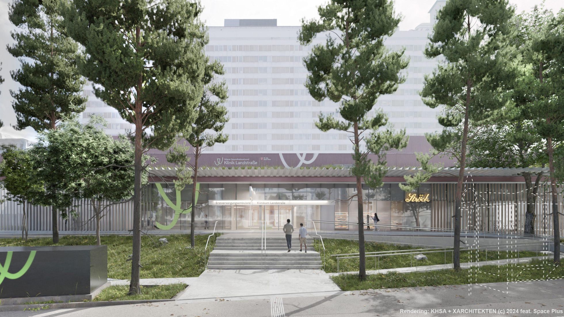 copyright: Haas Haas Architektur + X Architekten Platz vor dem Eingang zur Klinik Landstraße mit einem breiten Weg und vielen Bäumen. Zum Eingang führen mehrere Stufen, auf der rechten Seite ist eine barrierefreie Rampe.