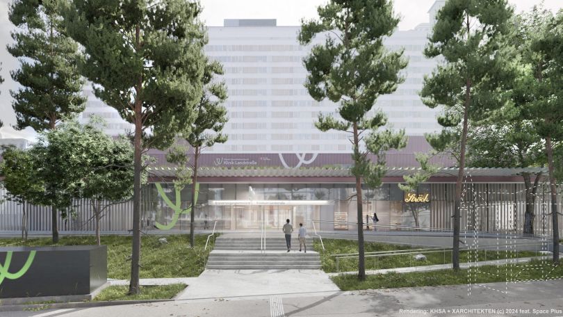 Platz vor dem Eingang zur Klinik Landstraße mit einem breiten Weg und vielen Bäumen. Zum Eingang führen mehrere Stufen, auf der rechten Seite ist eine barrierefreie Rampe.