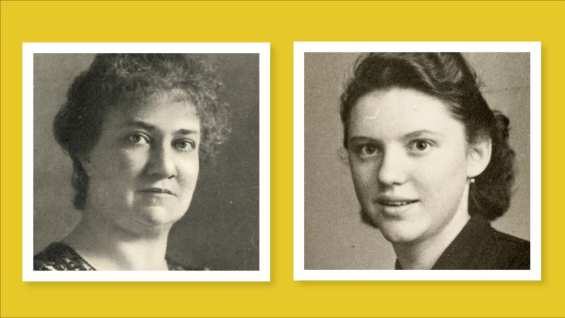 Schwarz-weiß-Porträts von Rosa Mayreder und Käthe Sasso.