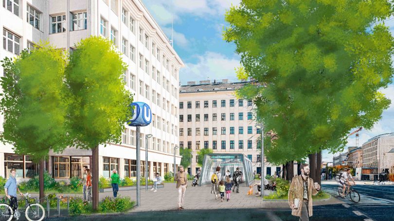 Visualisierung des künftigen Frankhplatz: Rund um den Eingang zur U-Bahn stehen mehrere Bäume. Die Menschen sind zu Fuß und mit dem Fahrrad unterwegs.