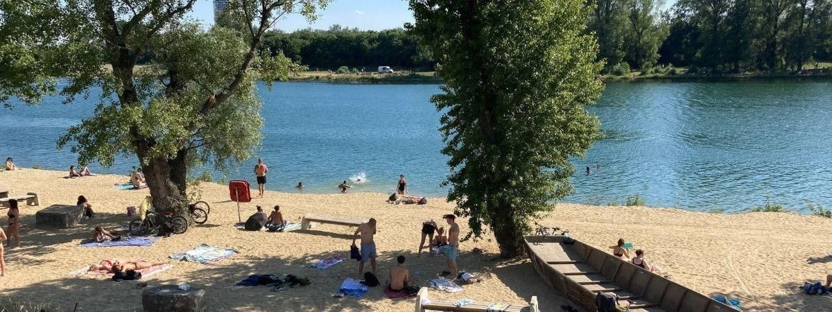 Sandstrand am Ufer der Neuen Donau mit großen Bäumen und einem Holzboot.