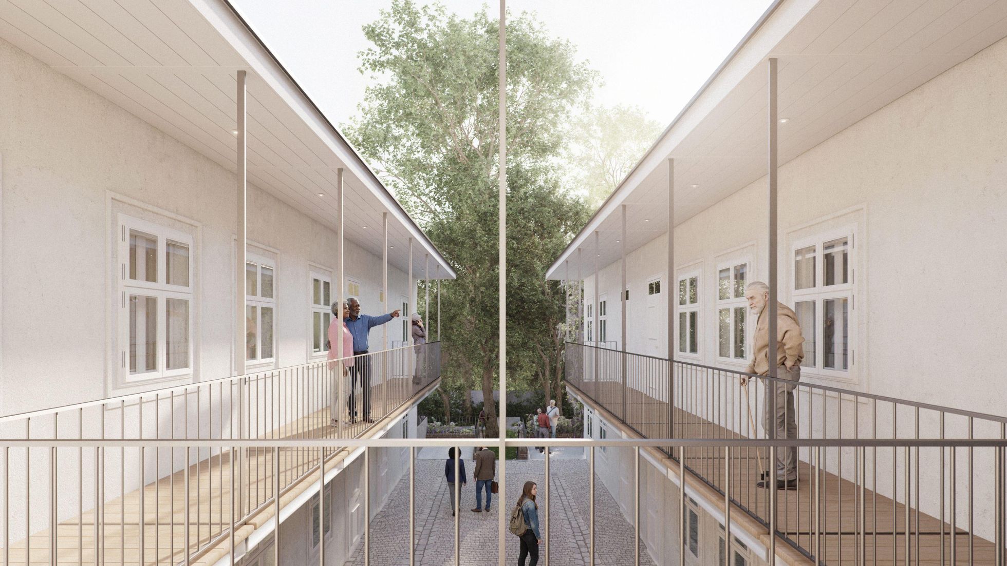 copyright: Architekt Neumayer ZT GmbH Rendering von Schuberts modernisiertem Geburtshaus; Gebäude mit U-förmigem Balkon und großen Baum