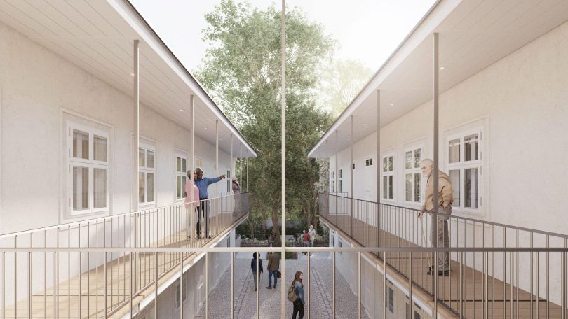 Rendering von Schuberts modernisiertem Geburtshaus; Gebäude mit U-förmigem Balkon und großen Baum