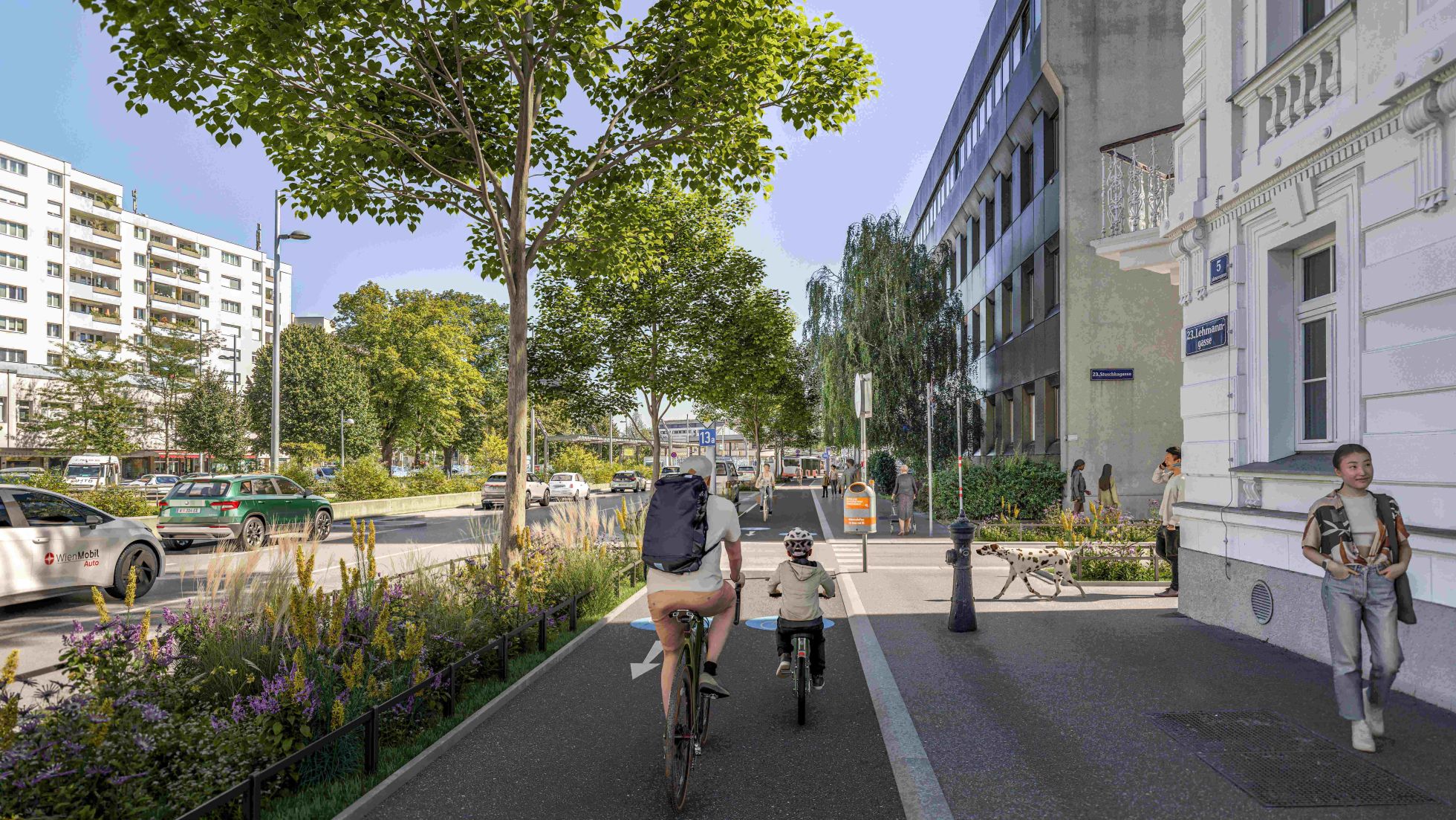 copyright: Mobilitätsagentur Wien / ZOOMVP.AT Breiter 2-Richtungsradweg zwischen Grünstreifen und Gehsteig.