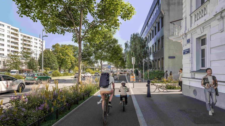 copyright: Mobilitätsagentur Wien / ZOOMVP.AT Breiter 2-Richtungsradweg zwischen Grünstreifen und Gehsteig.