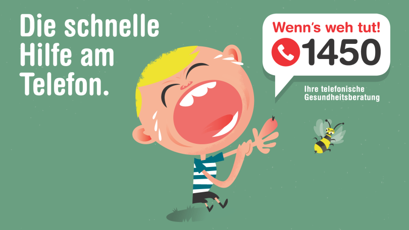 Grafik: Kind mit Bienenstich weint. Die schnelle Hilfe am Telefon. Wenns's weh tut 1450