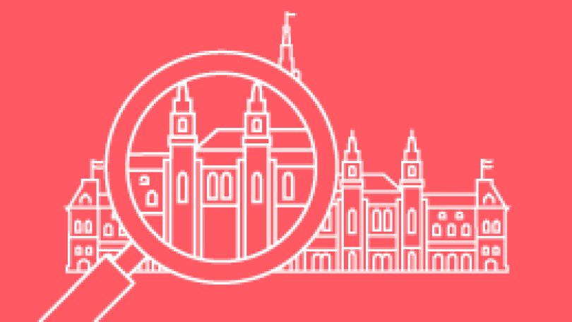 Grafik mit einer großen Lupe vor dem Rathaus.