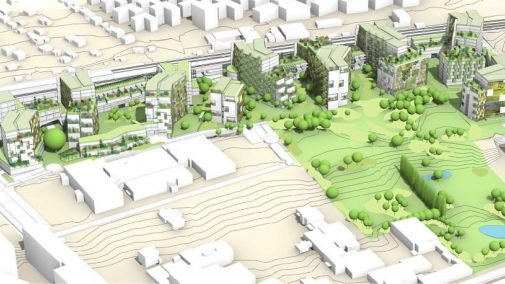 Visualisierung eines neuen Stadtteils mit Wohngebäuden und Grünflächen