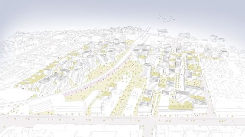 Visualisierung zeigt Modell des Wohnquartiers mit Wohngebäuden und Grünflächen
