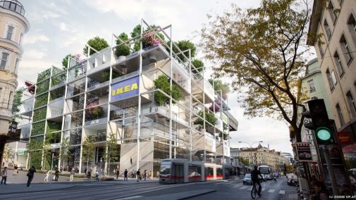Ikea-Gebäude, viel Glas, Bäume und Pflanzen auf jeder Etage auf den Terrassen