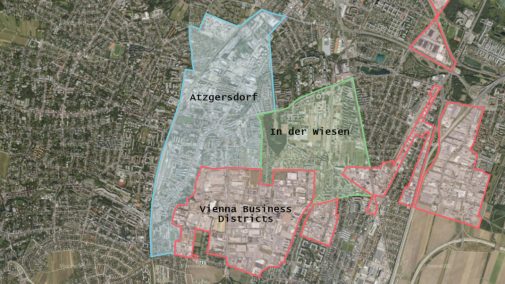 Luftbildaufnahme mit Kennzeichnung Atzgersdorf, In der Wiesen und Vienna Business Districts