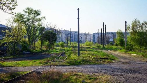 Bahnhofgelände mit Schienen, die teilweise verwachsen sind und Wohngebäude im Hintergrund